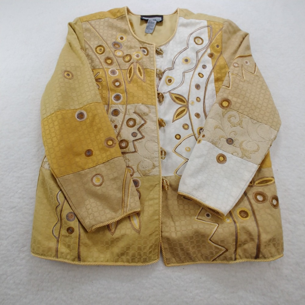 Indigo Moon Women's Jacket Blazer Size Large Beige Patchwork Embroidered Boho
